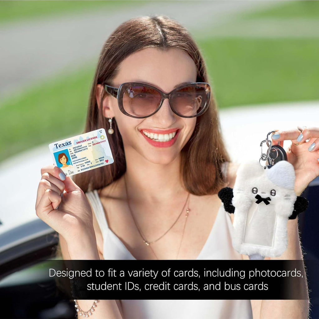 2 Pieces Cartoon Photocard Holder - Plush Rabbit and Cat Photo Card Display Protective Sleeves, Transparent Cover Case for Bus Card, Student Card, ID