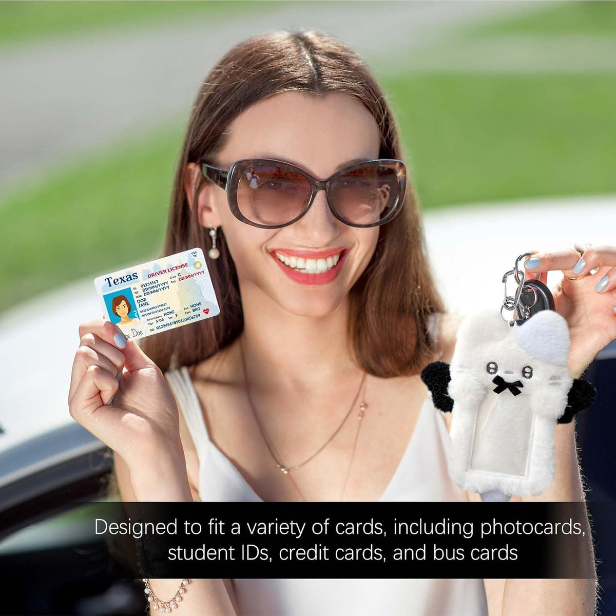 2 Pieces Cartoon Photocard Holder - Plush Rabbit and Cat Photo Card Display Protective Sleeves, Transparent Cover Case for Bus Card, Student Card, ID