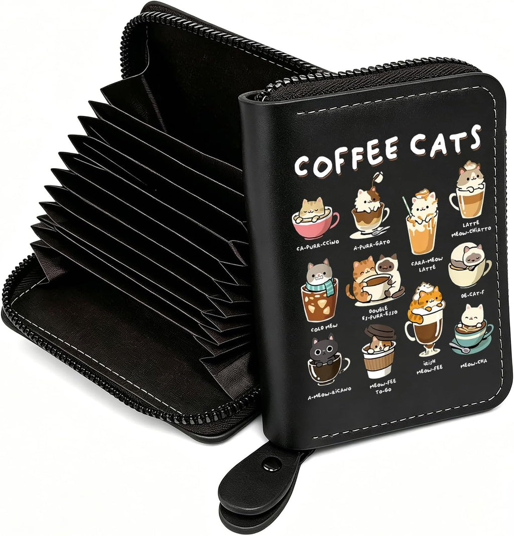 FEELMEM Coffee Cats Leather Credit Card Holder Zipper Wallet Cat Lover Barista Gift Coffee Enthusiasts Gift (black)