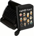 FEELMEM Coffee Cats Leather Credit Card Holder Zipper Wallet Cat Lover Barista Gift Coffee Enthusiasts Gift (black)