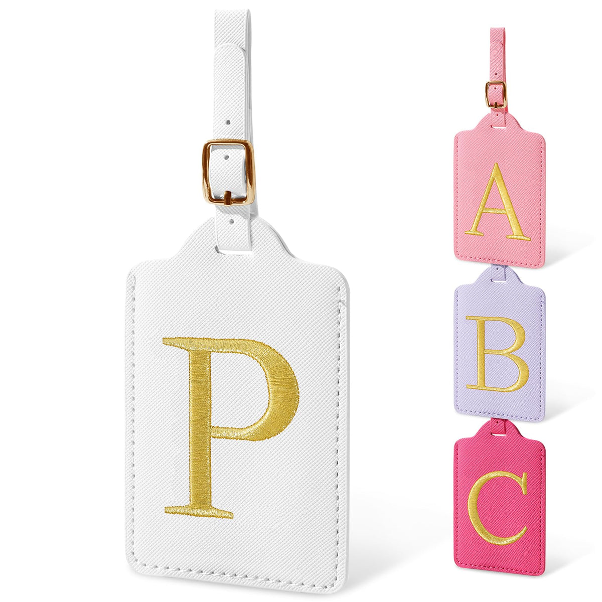 Personalized Initial Luggage Tags for Suitcases, Cute PU Leather Embroidered Letter Travel Luggage Tags, Suitcase Identifier Name Baggage Tag, Bag Tags for Men Women Kids Luggage Handbags(Pink M)