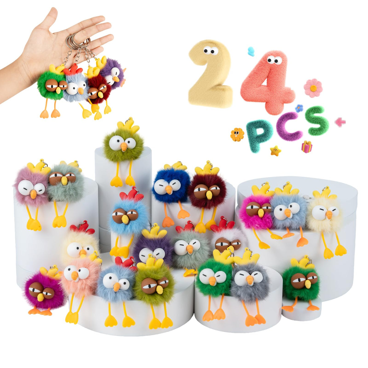 OMyFav 36 PCs Plush Keychains - Cute Keychain Bulk Back to School Gifts Fuzzy Keychain for Birthday Party Favors Goodie Bags Stuffers for Kids Classroom Prizes Treasure Box Prizes Backpack Charms