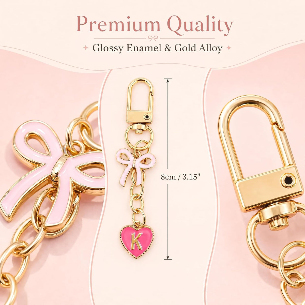 YOJO Pink Initial Letter Keychain with Enamel Bow and Heart Pendant