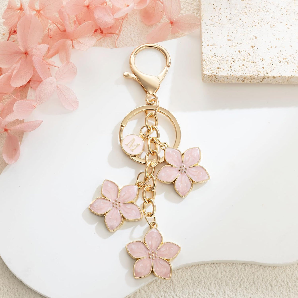 XGALBLA White/Pink/Black Big Cute Flower Initial Letter Keychain for Women, Flower Bag Charms Enameled Keychain Handbag Purse