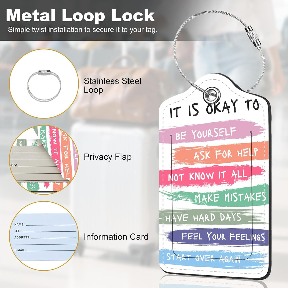 2Pack Luggage Tags for Suitcases, Cute Unique Pu Leather Cruise Luggage Tag with Privacy Cover ID Label Address Card and Metal Ring Suitable for Women Men Kids Travel Bag Inspirational Language
