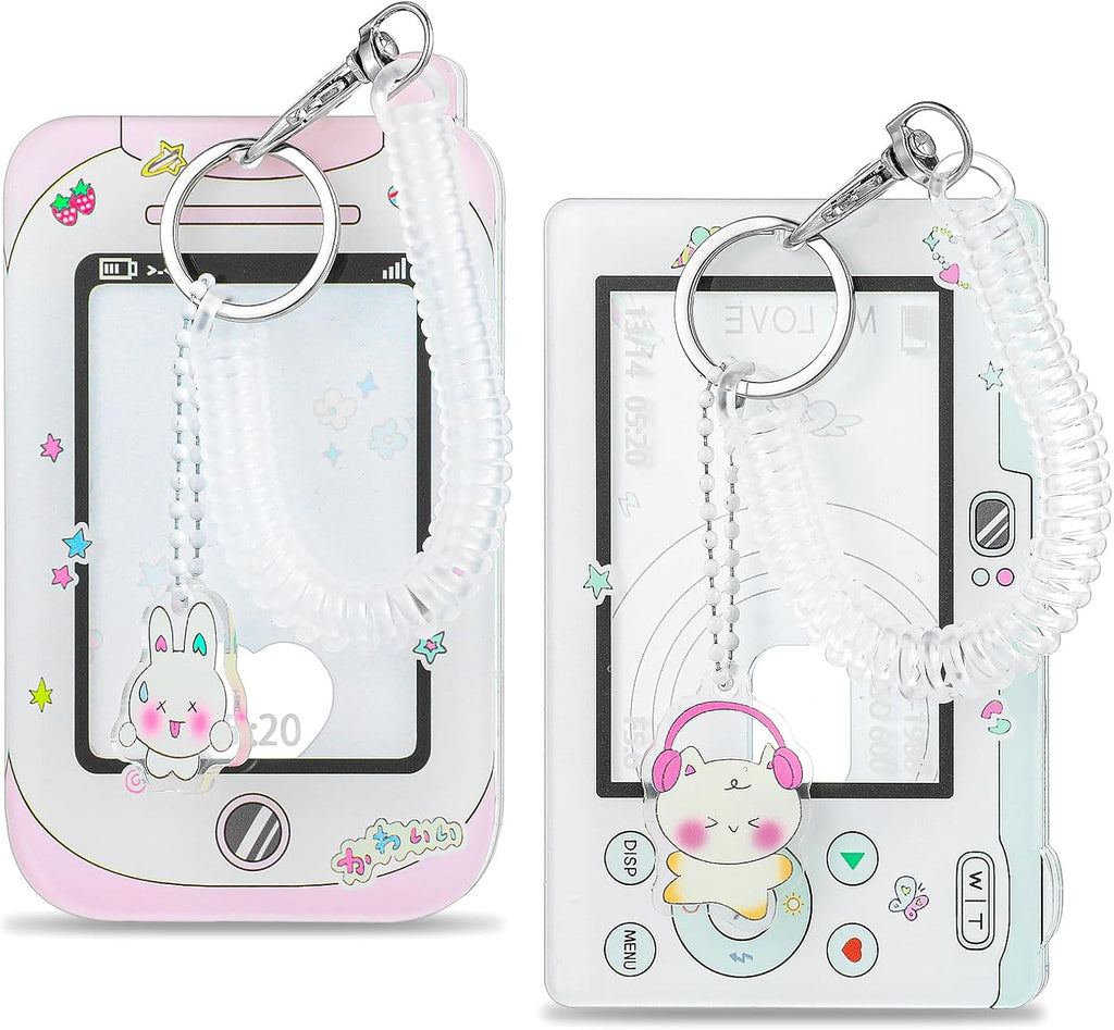 2 Pcs Photocard Holder, 3 Inch Photo Card Holder ID Badge Holder Cute Cartoon Photocard Holder Keychain Bus Card Credit ID Bank Card Pendant with Spiral Wrist Coil