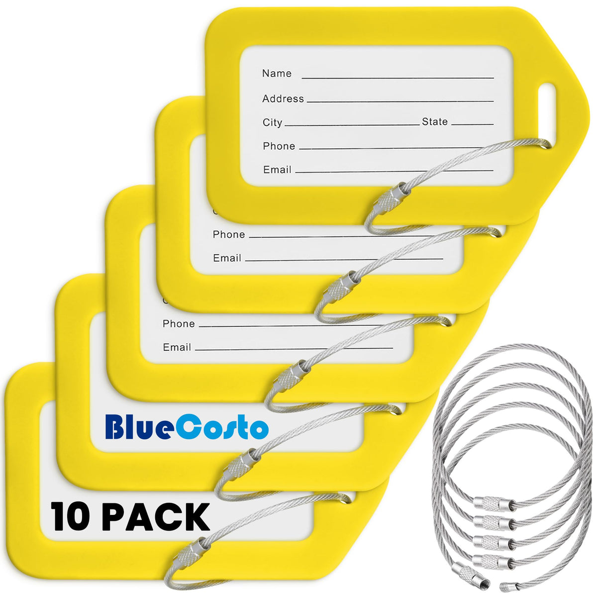 Luggage Tags, White, 10 Pack, Suitcase Tags with Name ID Card & Wire Loops