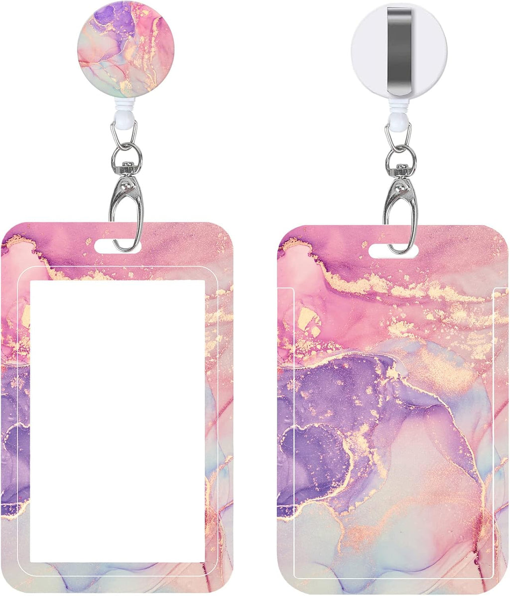 Badge Reels Retractable with Carabiner Reel Clip, Worker Badge Holder Belt Ferrule, Identity ID Badge Holder Case, Nurse Doctor Office School Teacher Name Credit Card Pocket (H-Marble Purple Pink)