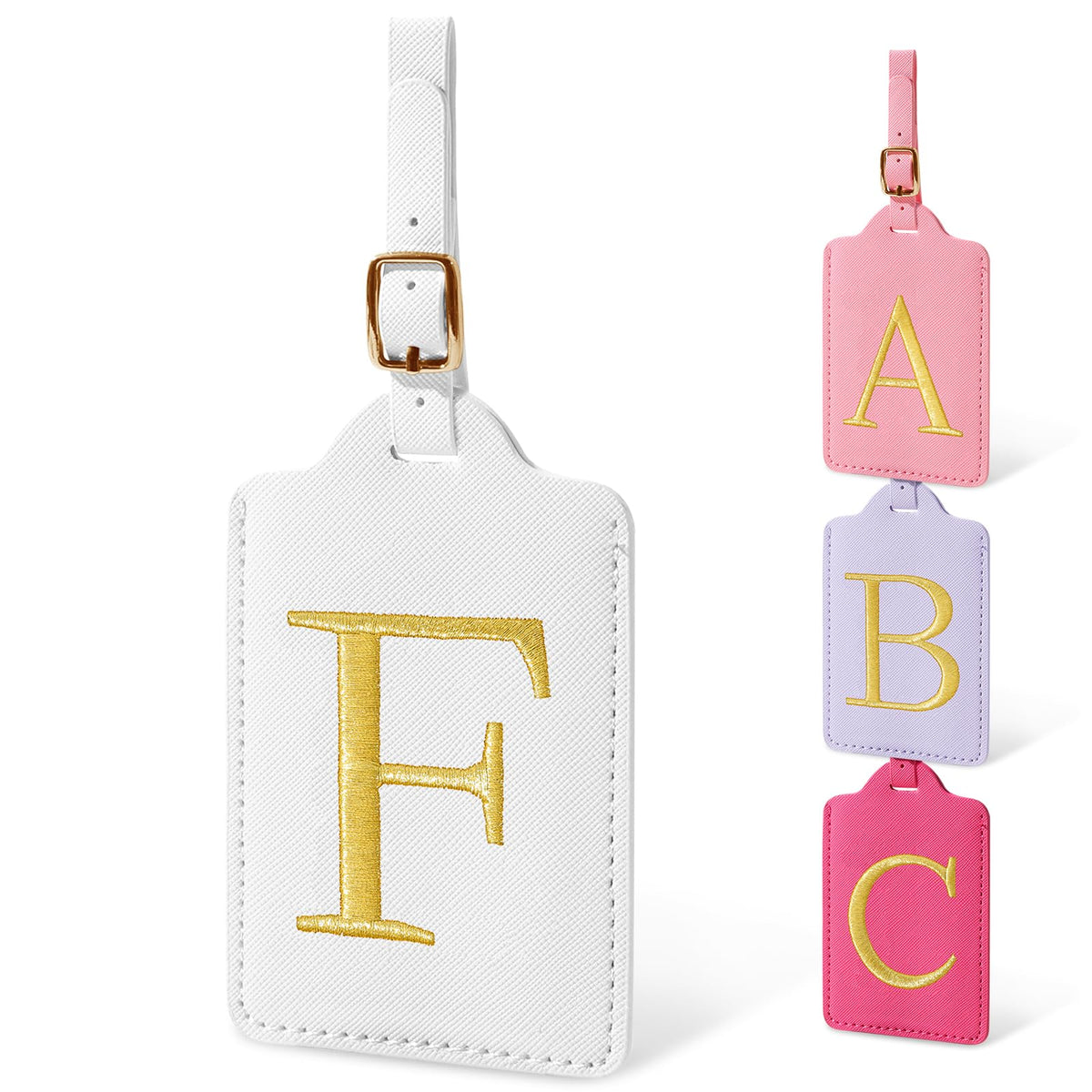 Personalized Initial Luggage Tags for Suitcases, Cute PU Leather Embroidered Letter Travel Luggage Tags, Suitcase Identifier Name Baggage Tag, Bag Tags for Men Women Kids Luggage Handbags(Pink M)