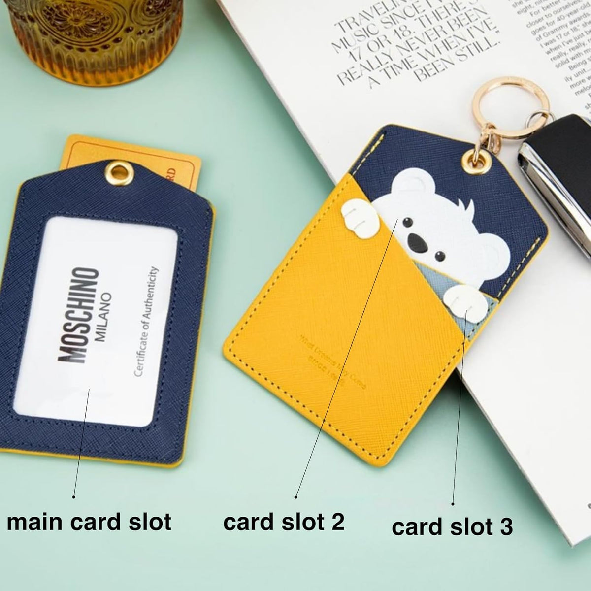 PU Leather ID Badge Holder, Cartoon Cute Badge Holder with 3 Card Slots