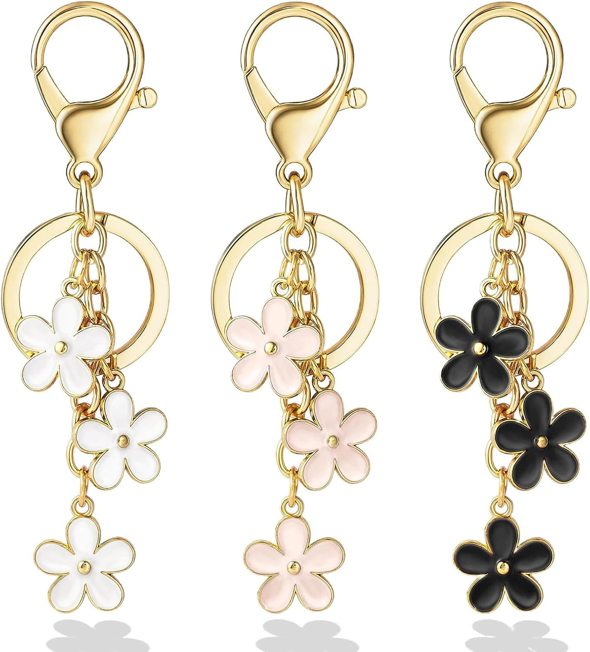 3Pcs Cute Keychain for Women, Flower Enamel Charm Keyring for Handbag Backpack Purse（White,Pink,Black