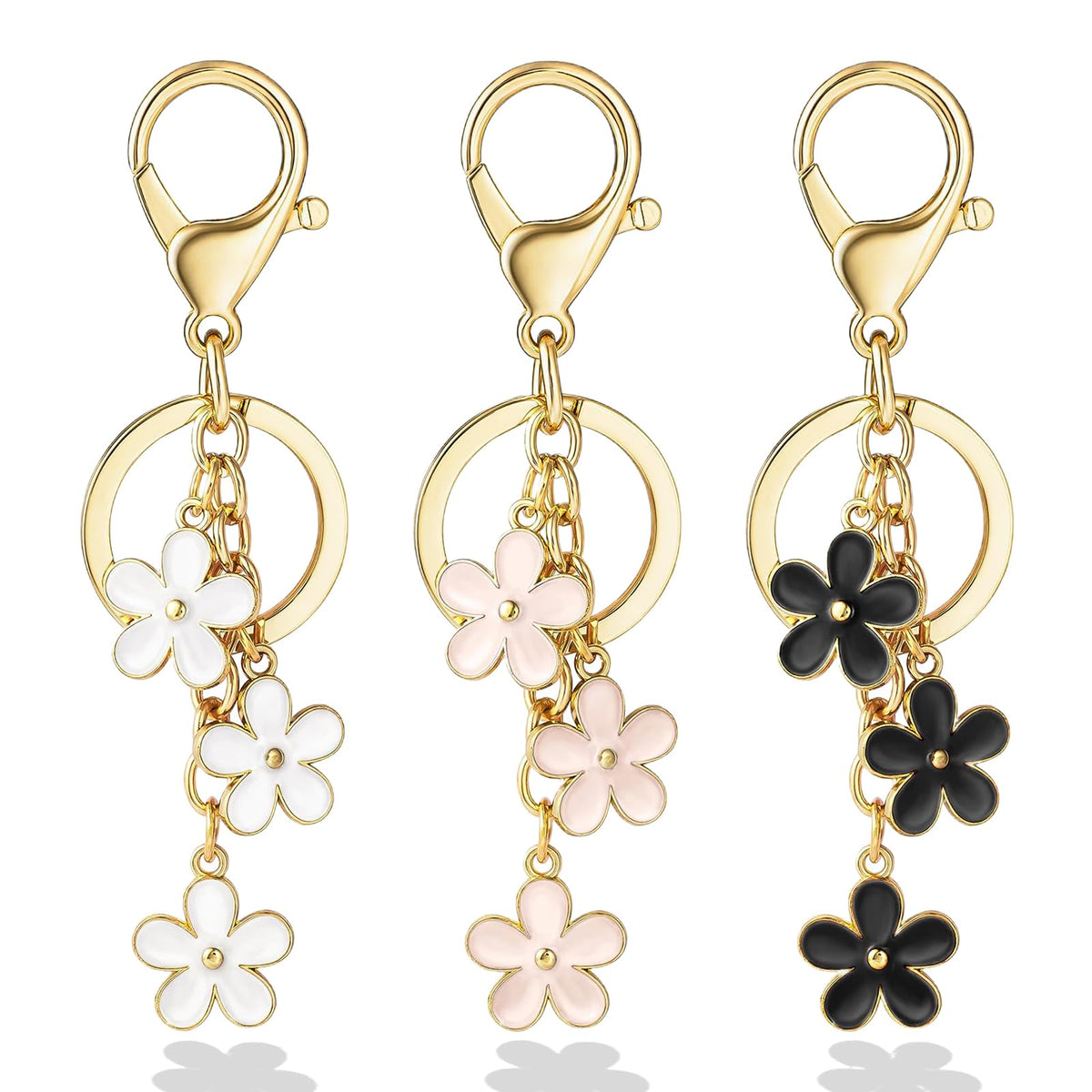 3Pcs Cute Keychain for Women, Flower Enamel Charm Keyring for Handbag Backpack Purse（White,Pink,Black