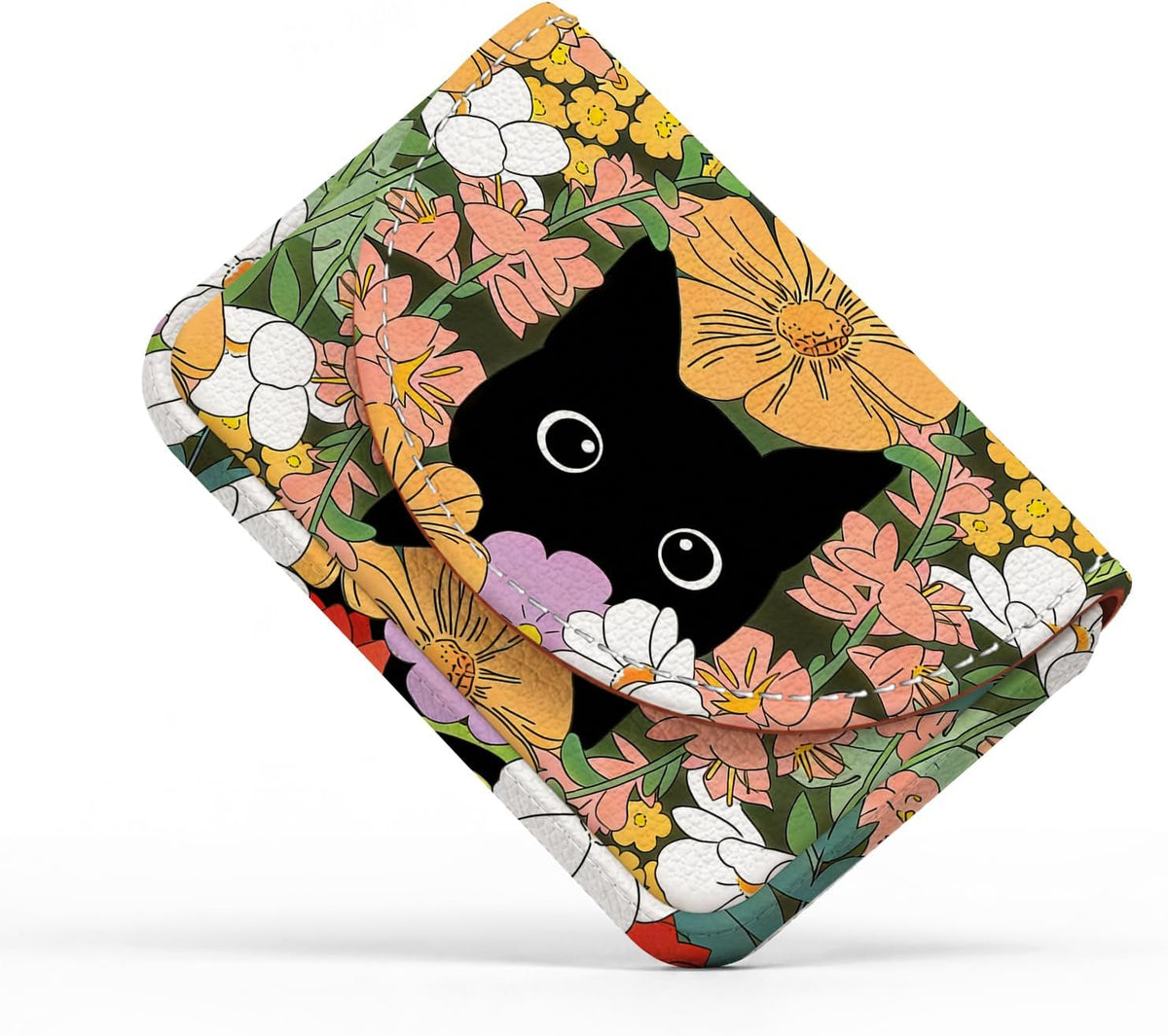 Business Card Holder，PU Leather Business Card Case Wallet Black Cat Floral
