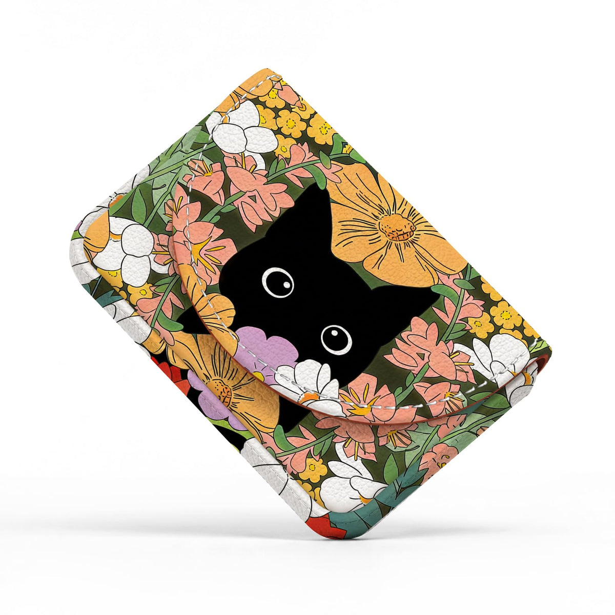 Business Card Holder，PU Leather Business Card Case Wallet Black Cat Floral