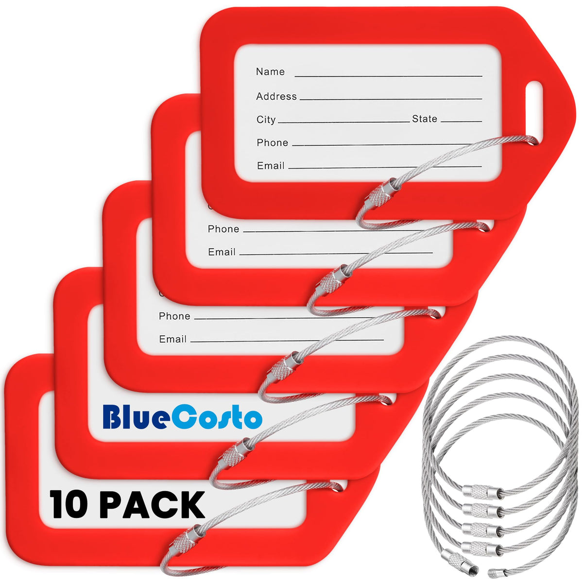 Luggage Tags, White, 10 Pack, Suitcase Tags with Name ID Card & Wire Loops