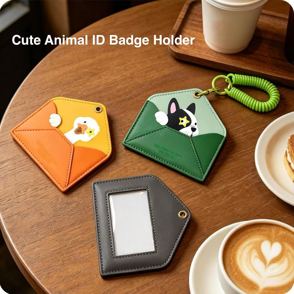 ID Badge Holder with Keychain, Cartoon Animal 2 Card Slots Cute Card Holder