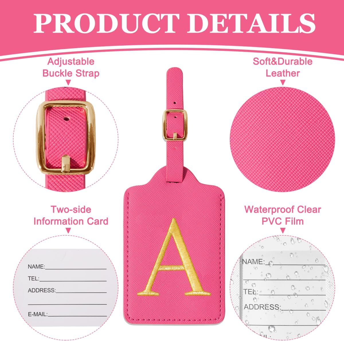 Personalized Initial Luggage Tags for Suitcases,Leather Letter Cute Luggage Tags with Privacy Name Card,Embroidered Monogrammed Travel Bag Backpack Tag Gifts for Women Kids Girls Teens(Rosered-A)