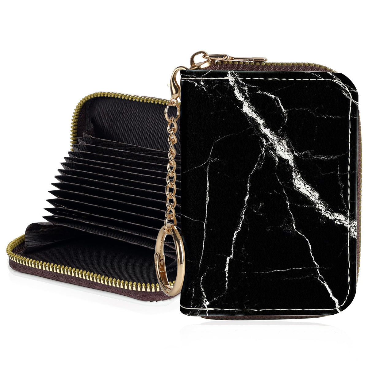 Credit Card Holder for Women,Small Rfid Wallet with Keychain Zipper,Cute PU Leather Card Case Wallet，Accordion Credit Card Wallets Gift,Flowers and Black Cat B