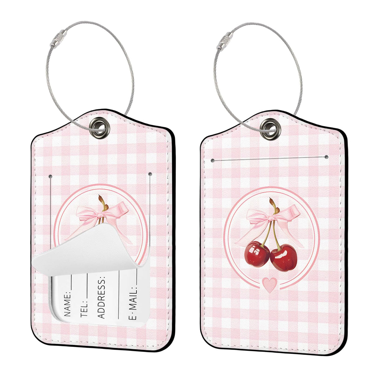 Seorsok 2Pcs Luggage Travel Tags for Suitcases,Cute Color Grids Checkered PU Leather Name Tag with Privacy Cover&ID Label Address Card and Durable Metal Ring Suitable for Men Women Handbags Backpack