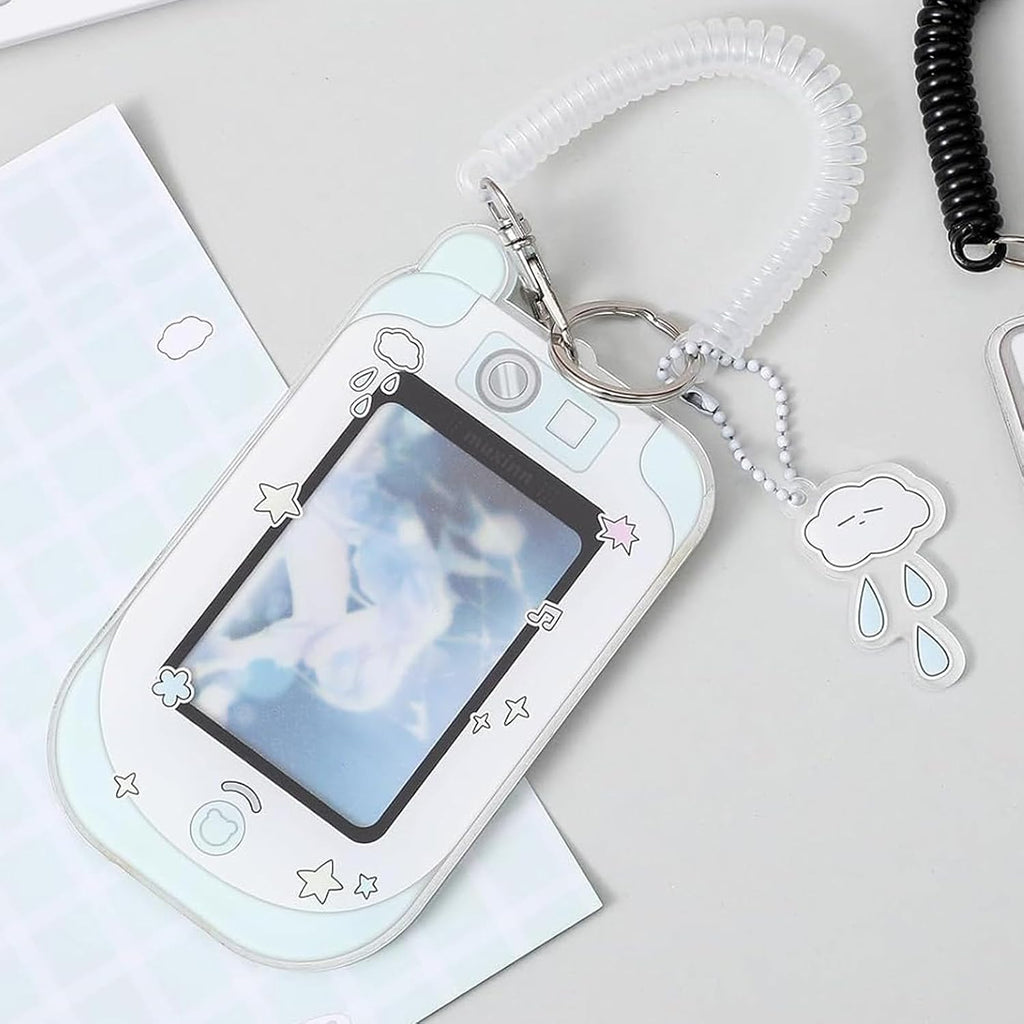 2pcs cute phone camera shaped photo holder 3 inches, cartoon photo holder ID badge holder, with cloud bear pendant and spiral wrist coil (2 styles)