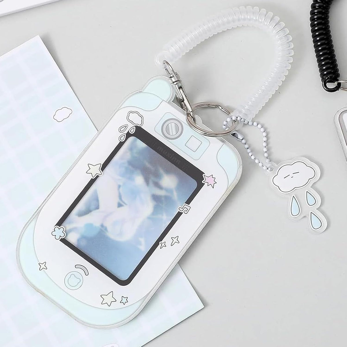 2pcs cute phone camera shaped photo holder 3 inches, cartoon photo holder ID badge holder, with cloud bear pendant and spiral wrist coil (2 styles)