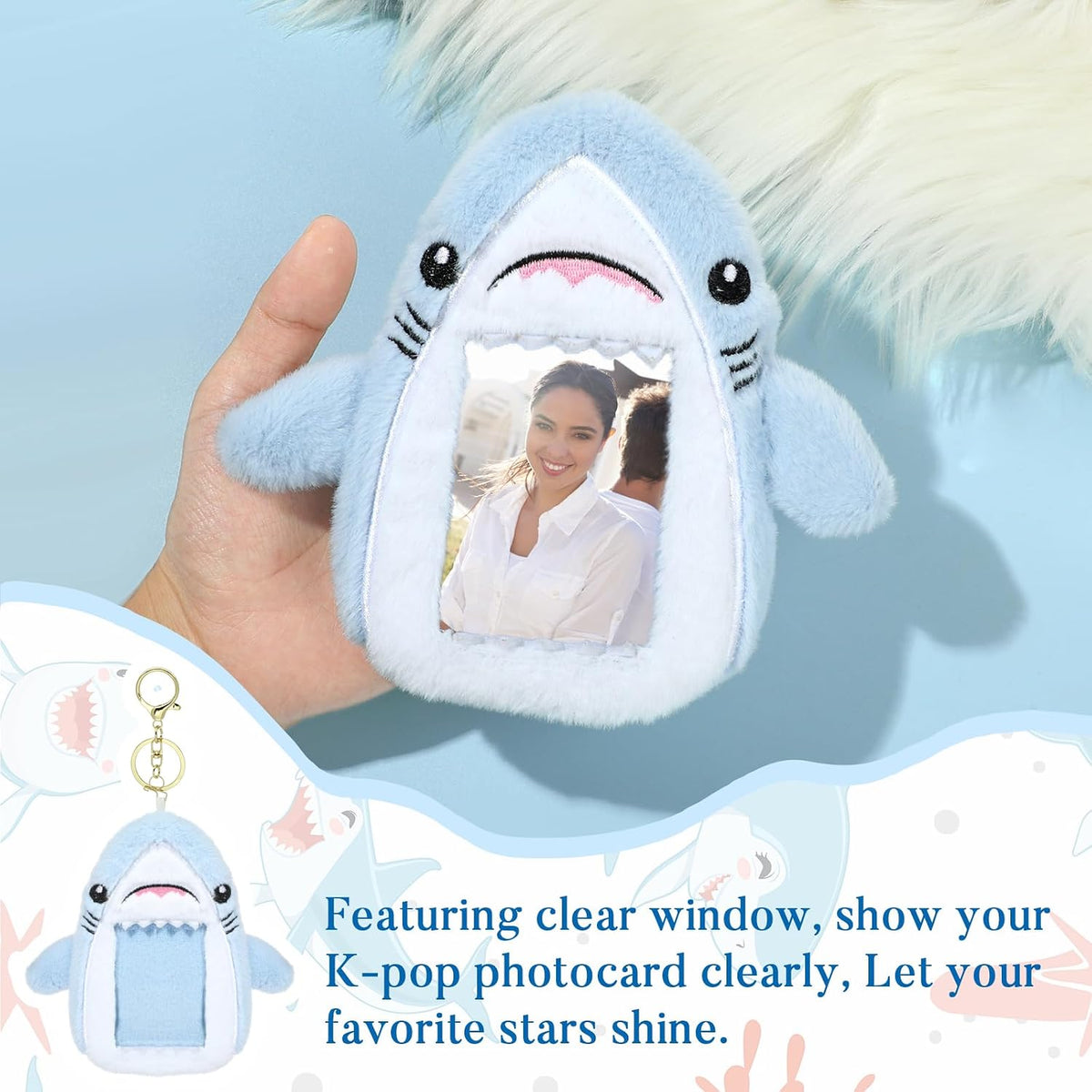 NEWEST Shark Plush Kpop Photocard Holder with Keychain, Cute Shark ID Badge Holder Protector Cover, Soft Cartoon Sea Creature Photo Case Sleeves Stationery for Idol ID Card Student Worker Bag Charm