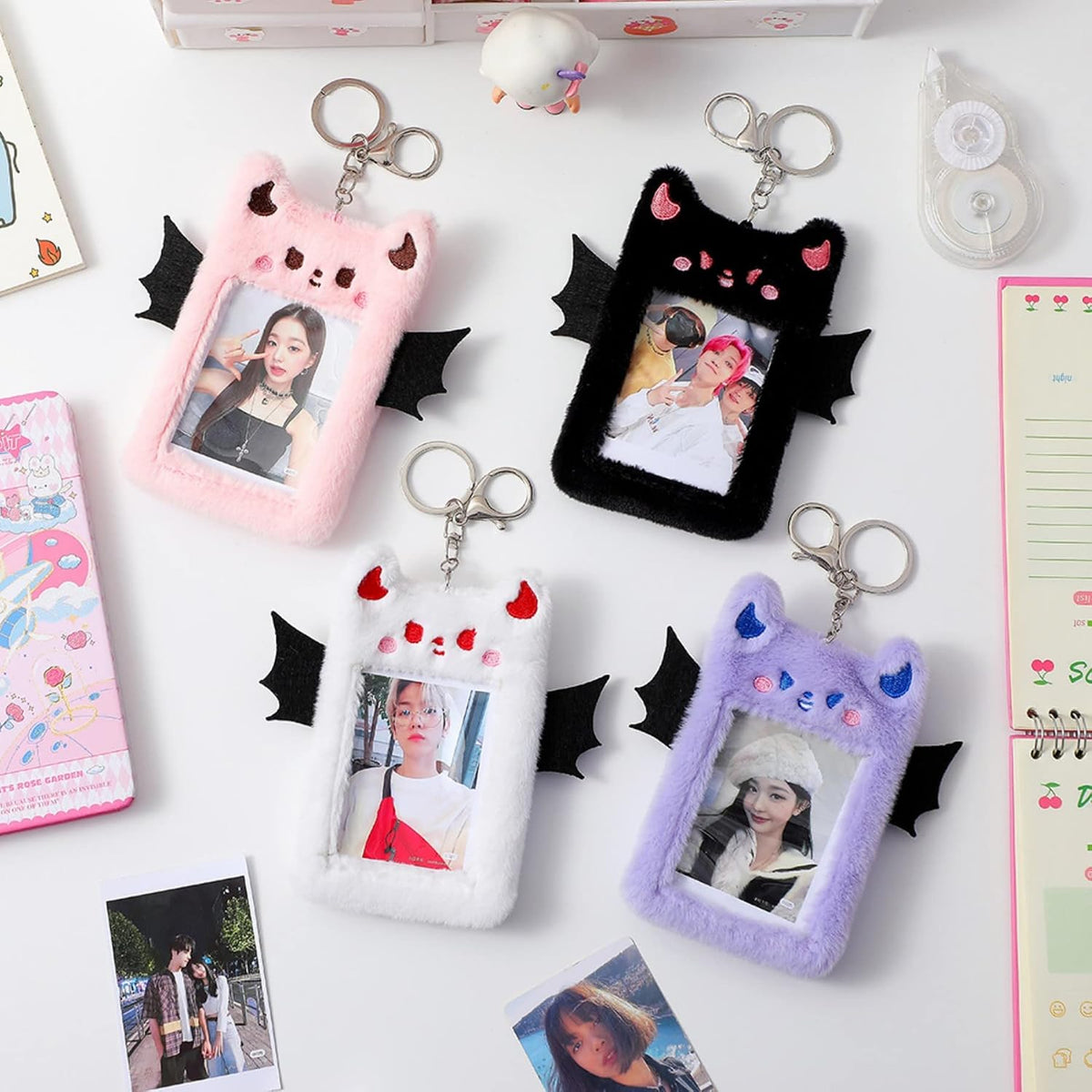 Fuzzy Plush Kpop Photocard Holder with Keychain, Cute Animal Wings Photo Sleeve Bank ID Credit Card Holder