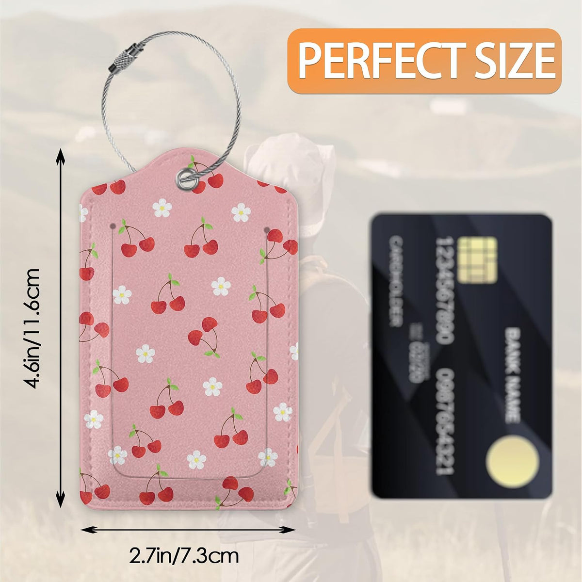 Cute Red Cherry with Flower Luggage Tags for Suitcase,Luggage Tag with Stainless Steel Loop Privacy Cover Id Label Travel Bag Luggage Identifiers for Women Men Travel,Set of 2