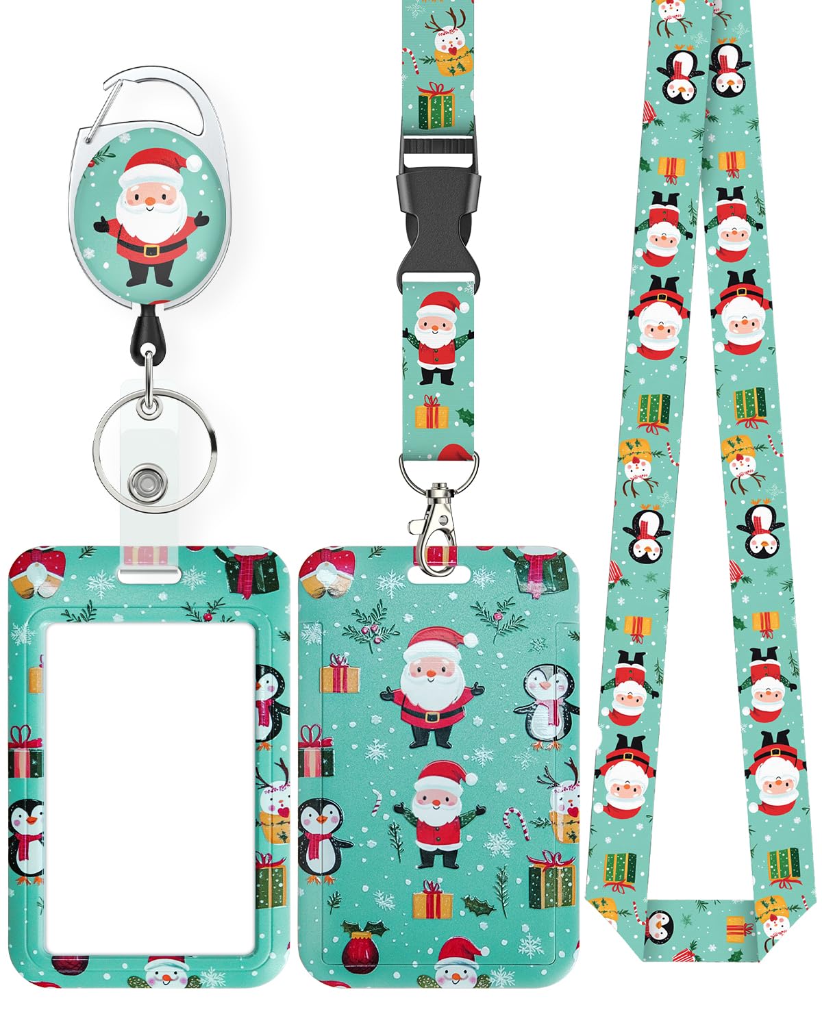 Uniclife Christmas Sliding Badge Holder Cartoon Santa Claus Hard ID Card Holder with Retractable Badge Reel Carabiner & Detachable Lanyard Strap Vertical Card Protector for Women Nurse Teacher Student