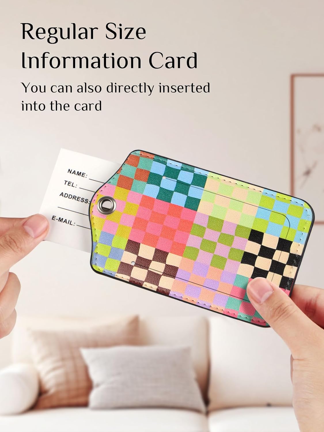 Seorsok 2Pcs Luggage Travel Tags for Suitcases,Cute Color Grids Checkered PU Leather Name Tag with Privacy Cover&ID Label Address Card and Durable Metal Ring Suitable for Men Women Handbags Backpack
