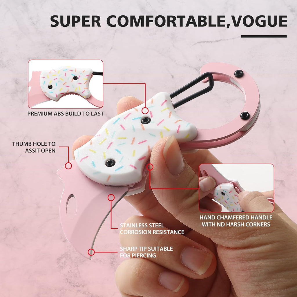 Pink Pocket Knife for Women Men,Cute Keychain Box Cutter，Mini EDC Knives for Everyday Carry,Folding Utility Knife with Creative Ice Cream Design,Ideal Gifts for Women（Ice Cream）