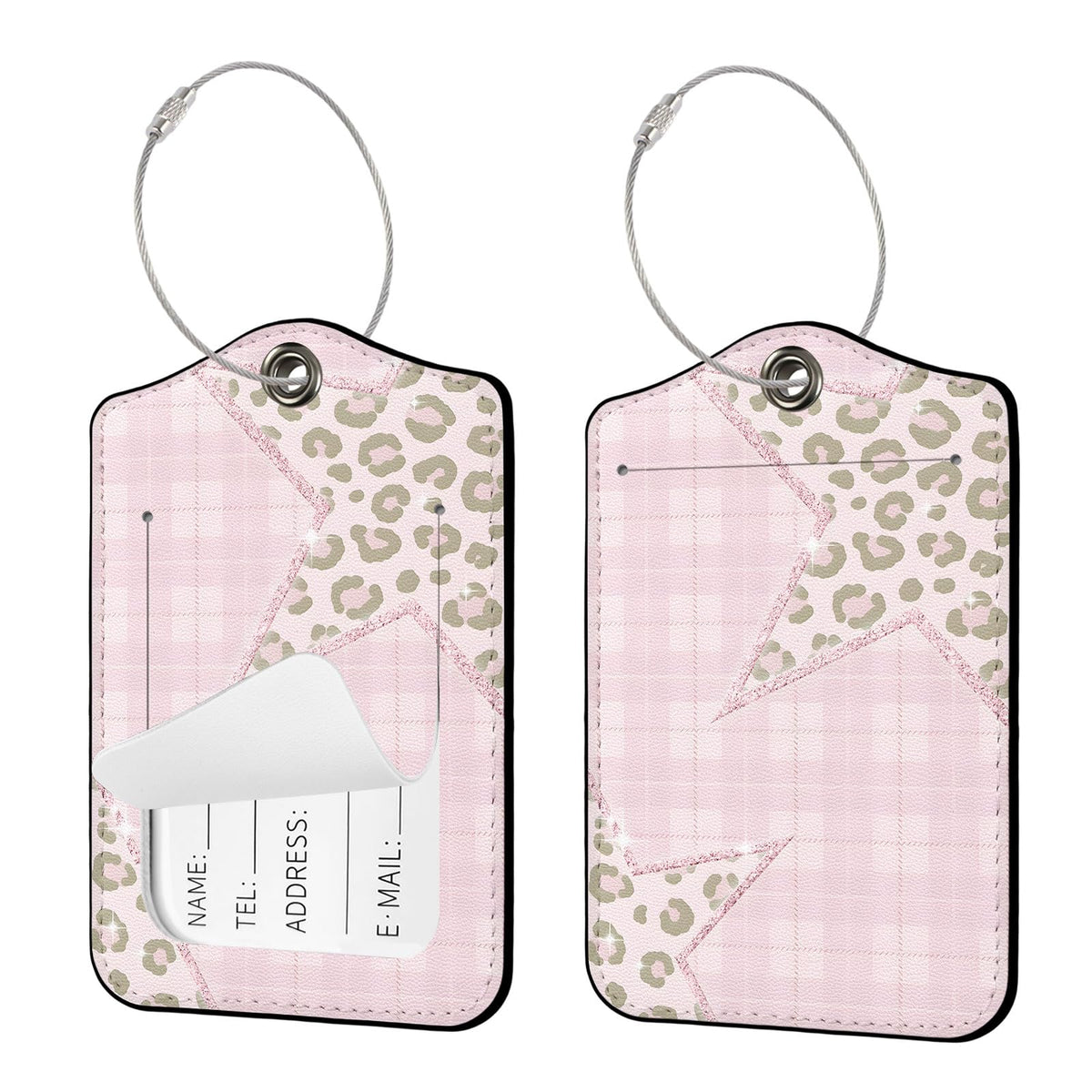 Seorsok 2Pcs Luggage Travel Tags for Suitcases,Cute Color Grids Checkered PU Leather Name Tag with Privacy Cover&ID Label Address Card and Durable Metal Ring Suitable for Men Women Handbags Backpack