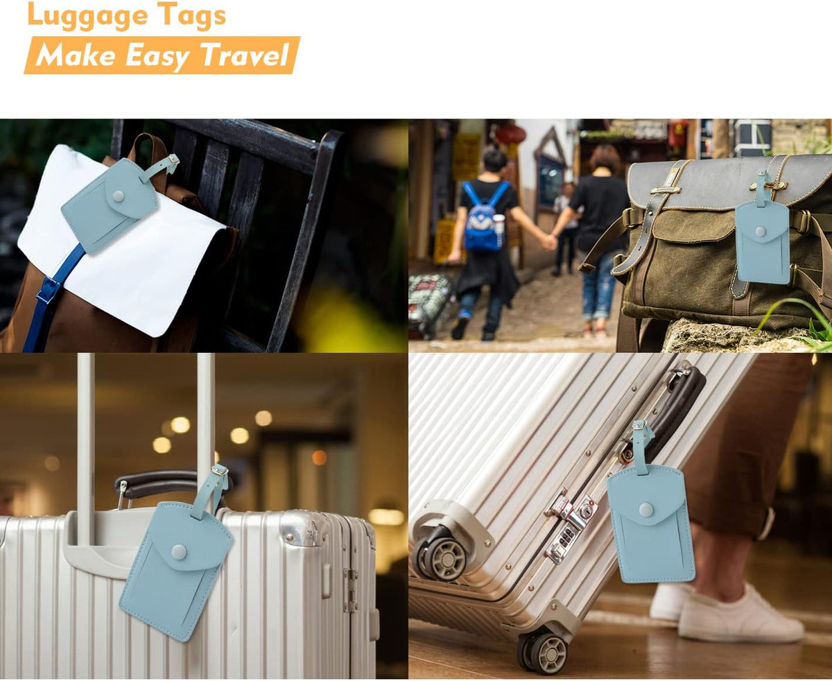 Kevancho Leather Smart Luggage Tags for Men Women, Suitcase Labels Baggage Tote Bag Tag ID Tags with Full Back Privacy Cover for Carnival Cruise Ships, Travel Accessories Tags Set of 2 PCS (Blue)