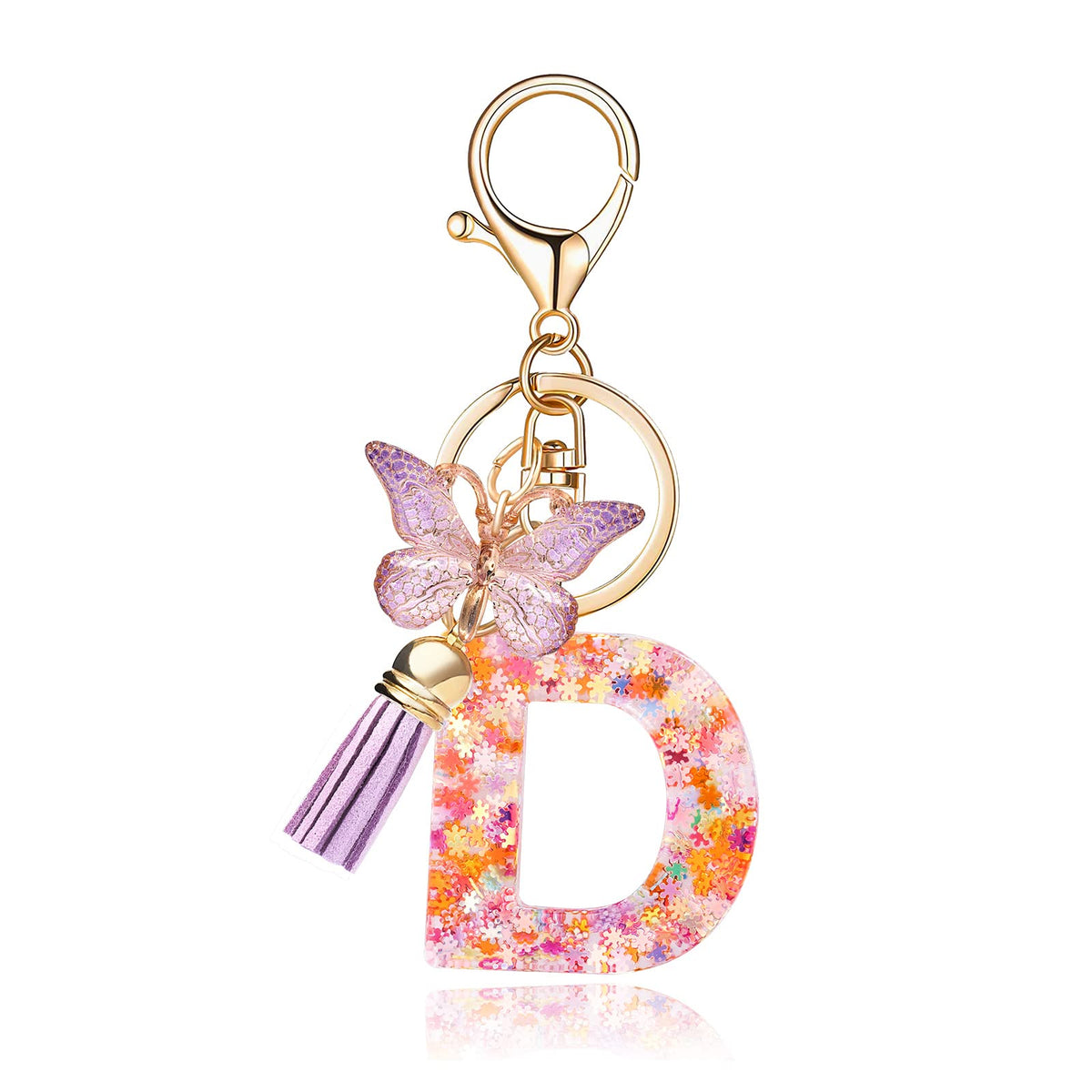 Fashion Alphabet Initial Letter Keychain Tassel Butterfly Pendant Key Ring for Purse Handbags Women Girl