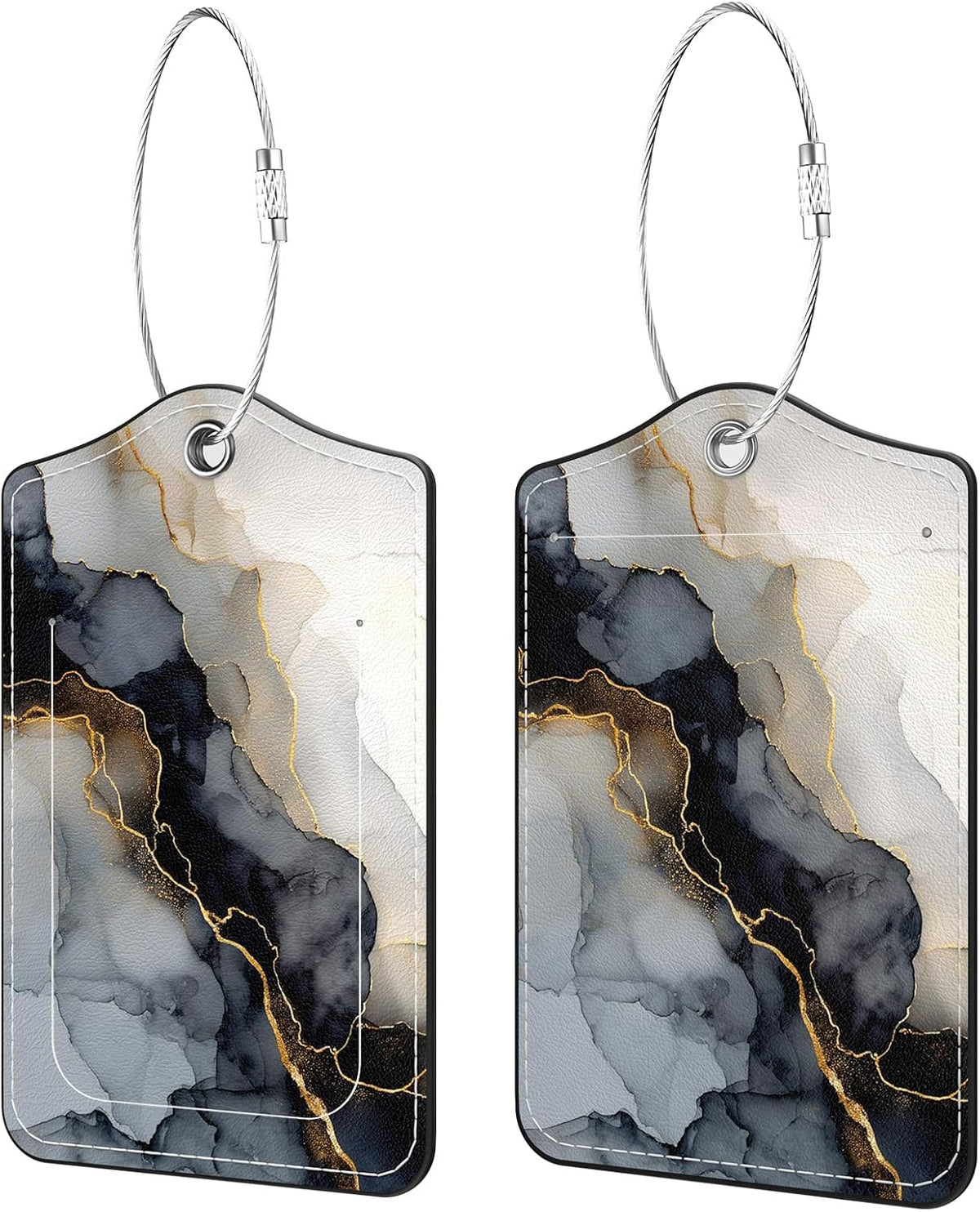 2 Pack PU Leather Luggage Tags for Suitcases, Black Gold Marble