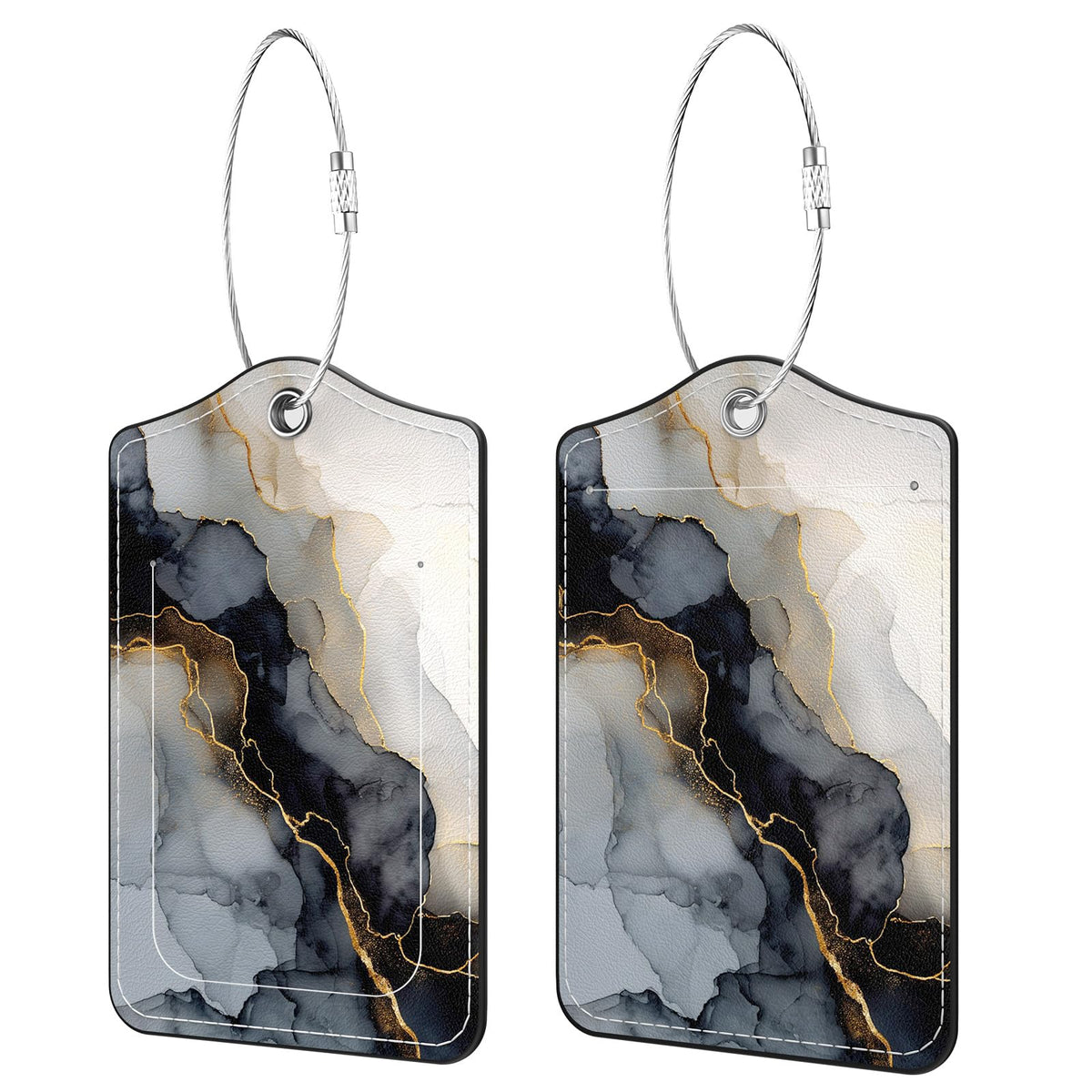 2 Pack PU Leather Luggage Tags for Suitcases, Black Gold Marble