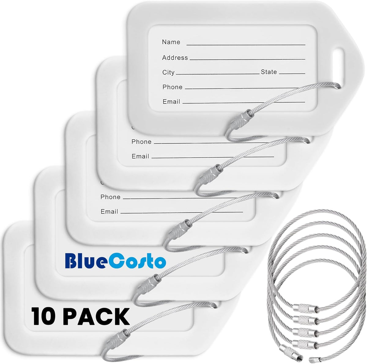 Luggage Tags, White, 10 Pack, Suitcase Tags with Name ID Card & Wire Loops