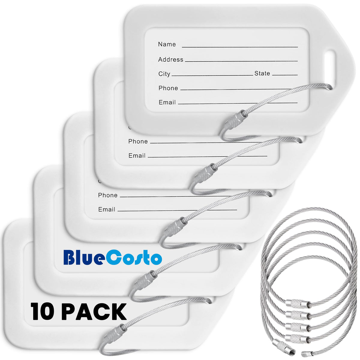 Luggage Tags, White, 10 Pack, Suitcase Tags with Name ID Card & Wire Loops