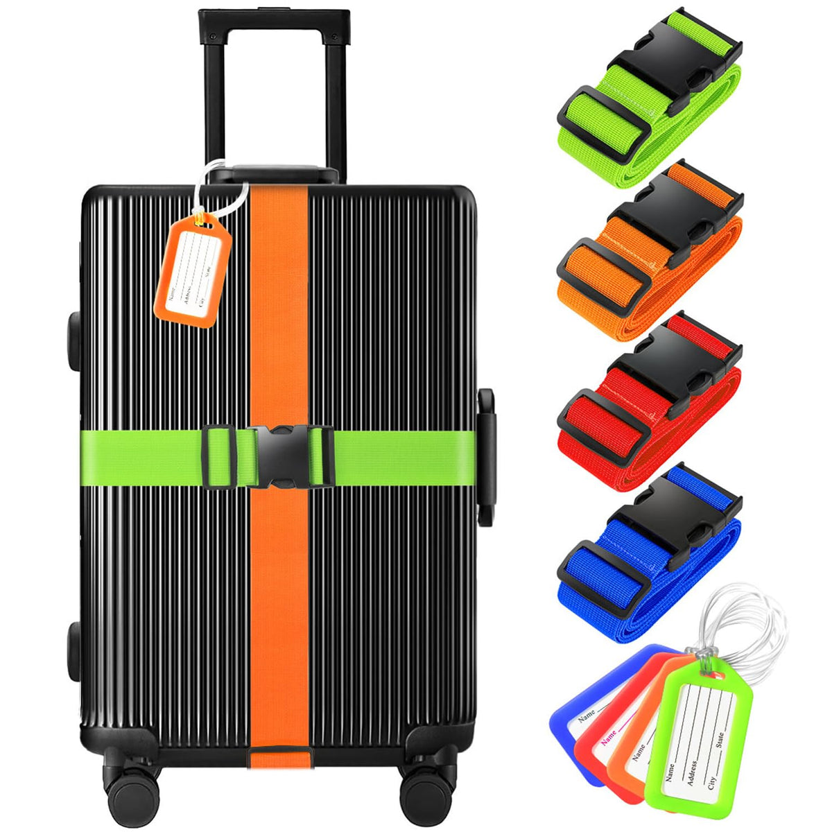 Gostwo 8 Pack Luggage Straps and Tags Set - 4 Straps, 4 Tags, Suitcase Belt