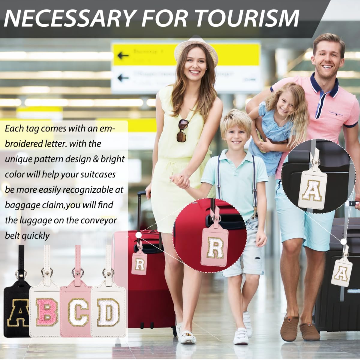 Personalized Initial Luggage Tags for Suitcases, Leather Chenille Letter Cute Luggage Tags with Privacy Name Card, Embroidered Travel Bag Backpack Tag Gifts for Women Kids Girls Teens(Pink-M)