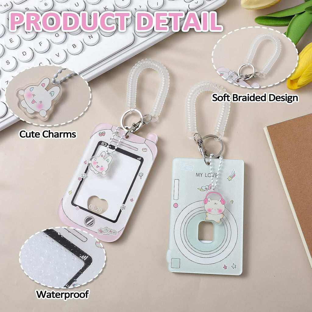 2 Pcs Photocard Holder, 3 Inch Photo Card Holder ID Badge Holder Cute Cartoon Photocard Holder Keychain Bus Card Credit ID Bank Card Pendant with Spiral Wrist Coil