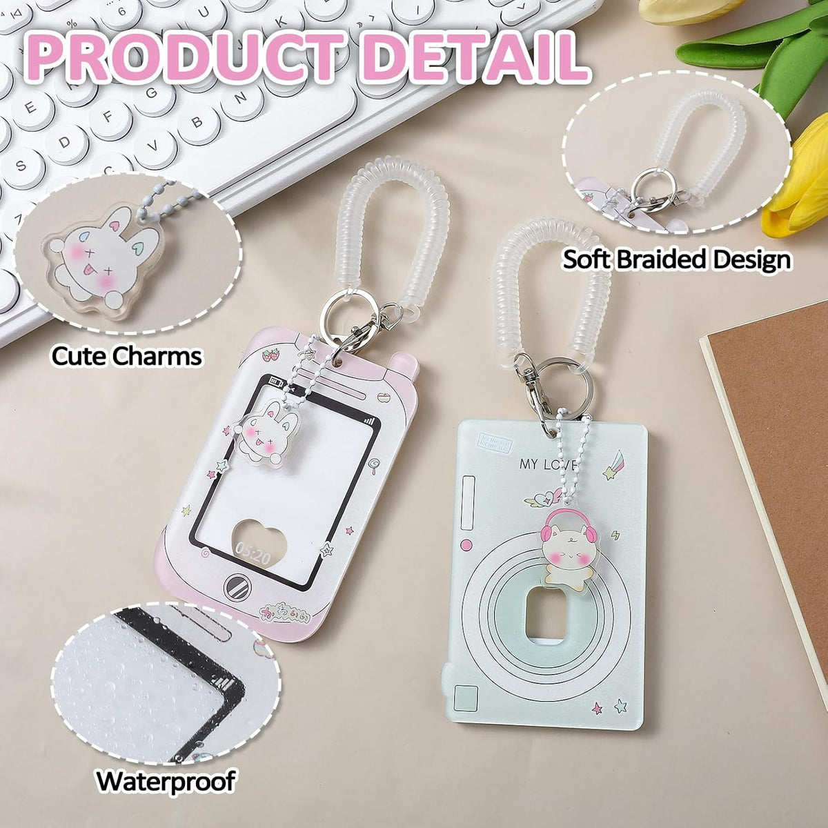 2 Pcs Photocard Holder, 3 Inch Photo Card Holder ID Badge Holder Cute Cartoon Photocard Holder Keychain Bus Card Credit ID Bank Card Pendant with Spiral Wrist Coil