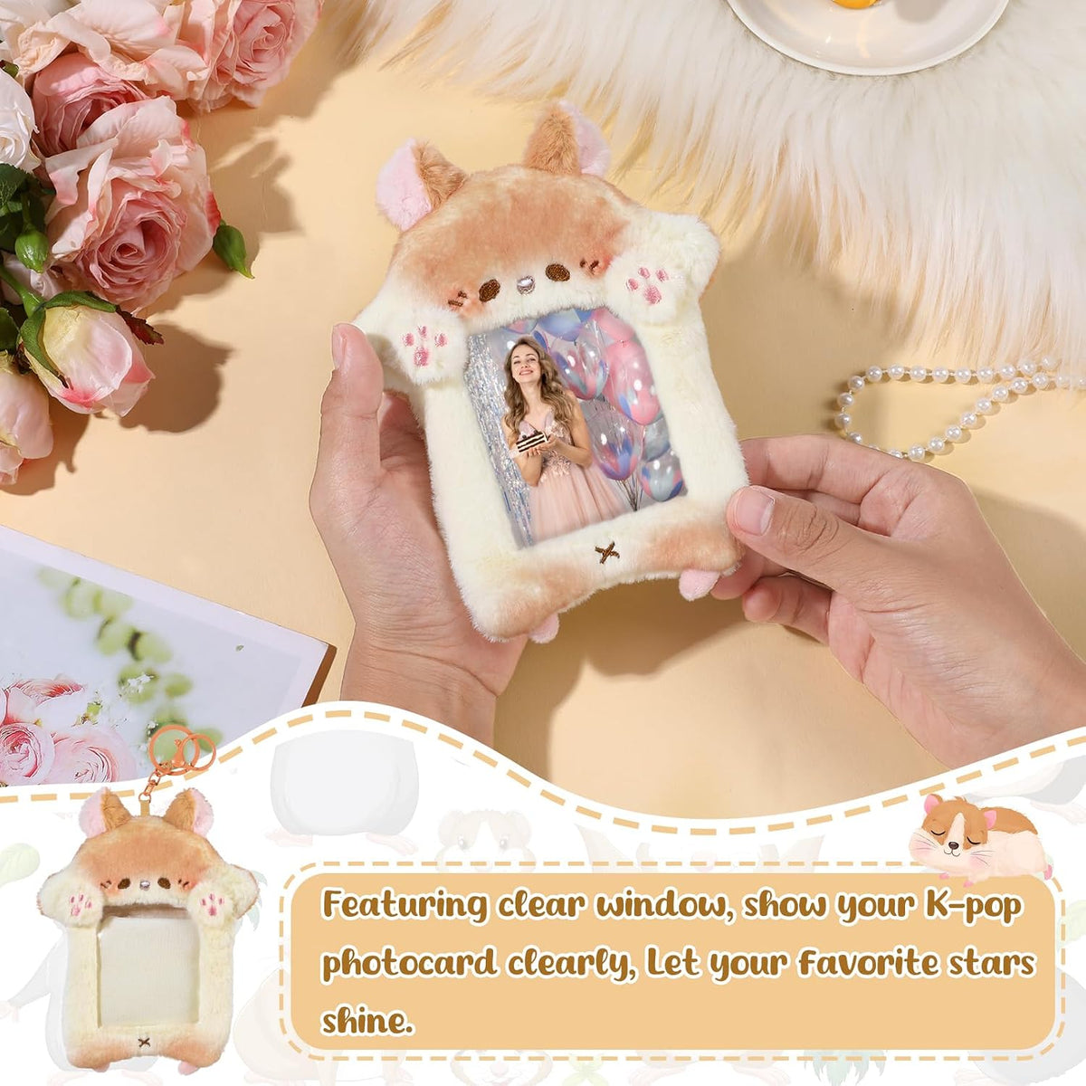 NEWEST Hamster Plush Kpop Photocard Holder with Keychain, Cute Hamster ID Badge Holder Protector Cover, Soft Cartoon Animal Photo Case Sleeves Stationery for Idol ID Card Student Worker Bag Charm
