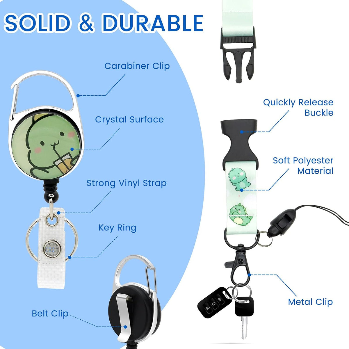 HL Hope&Luck Cute Dinosaur Lanyards for Id Badge Holder with Retractable Badge Reel Clip, Green Dinosaur ID Card Holder with Breakaway Lanyard, Nurse Teacher Office Gifts