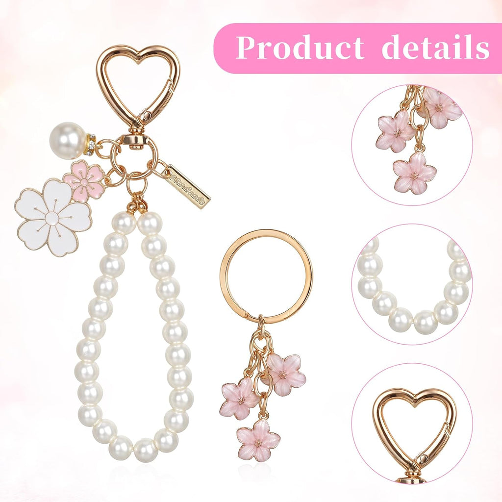 Piriuuo 2 Pcs Cute Pearl Keychains for Women, Flower Keychain Kit Imitation Pearl Chain Key Chain Golden Car Key Chain Flower Keychain Charm for Girls Purse Bag Accessories