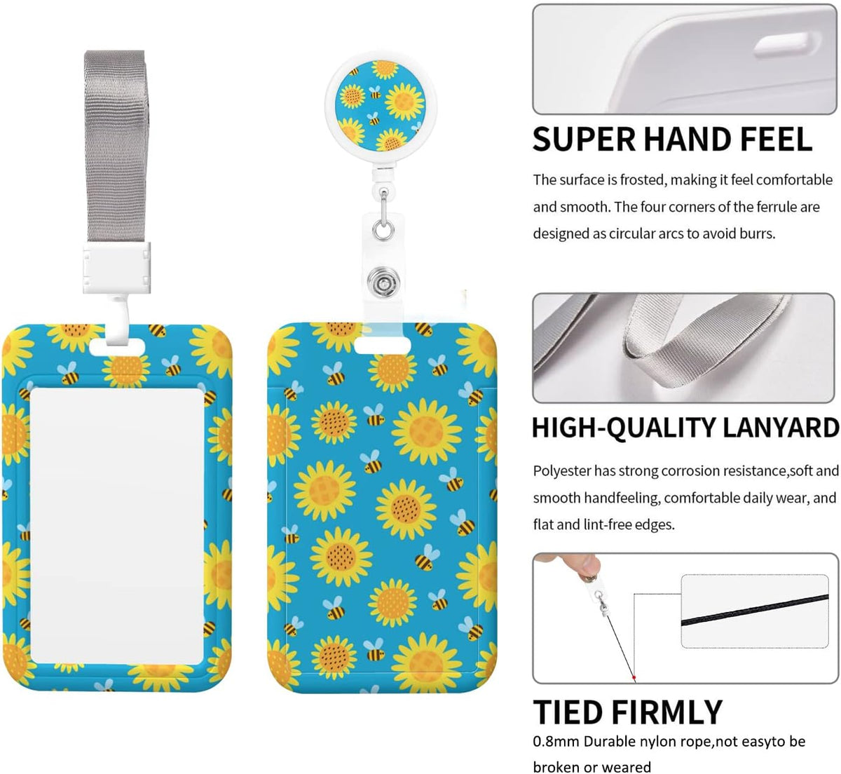 ID Badge Holder with Breakaway Lanyard and Retractable Badge Reel Clip,Cartoon Bees and Flowers Card Name Tag Lanyard Vertical ID Protector Badge Clips for Nurse Nursing Doctor Teacher