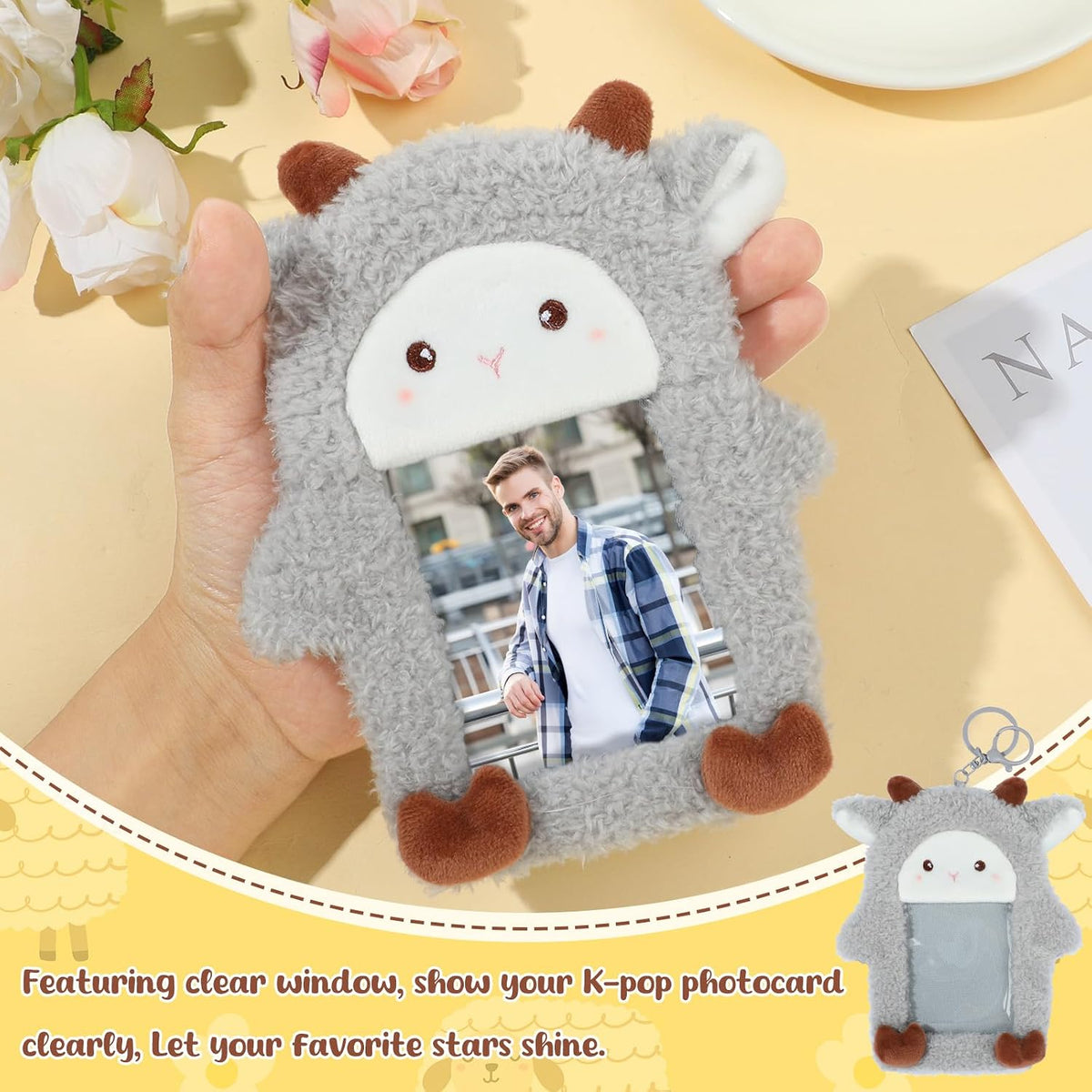 NEWEST Sheep Plush Kpop Photocard Holder with Keychain, Soft Lamb ID Badge Holder Protector Cover, Cute Cartoon Farm Animal Photo Case Sleeves for Idol ID Card Student Worker Bag Charm Pendant