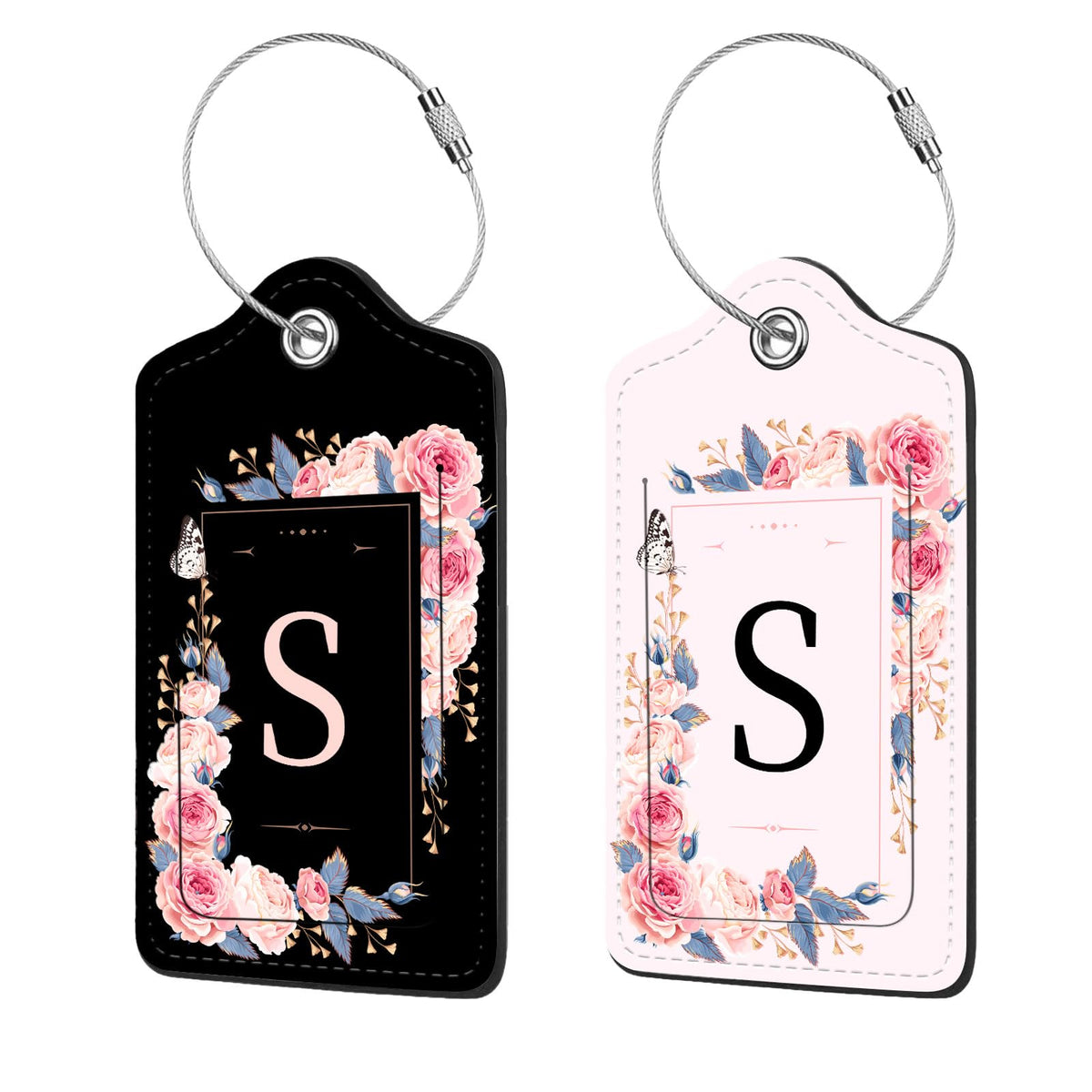 2 Pcs PU Leather Luggage Tag for Suitcases with Privacy Shield and Name ID Tag Address Card Travel Cruise Luggage Tag, Suitable for Men and Women Baggage Handbag Backpack,Flower and Monogram(Letter K