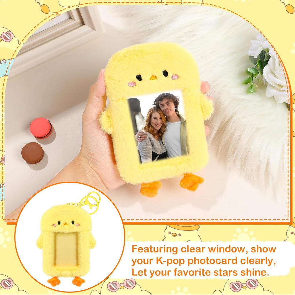 NEWEST Chicken Plush Kpop Photocard Holder with Keychain, Cute Chick ID Badge Holder Protector, Soft 3 Inch Cartoon Animal Photo Case Sleeves Stationery for Idol ID Card Student Worker Bag Charm