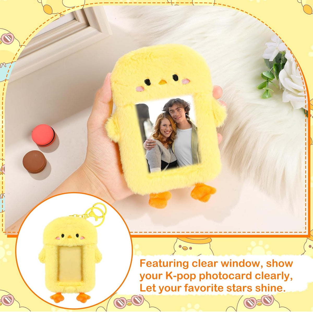NEWEST Chicken Plush Kpop Photocard Holder with Keychain, Cute Chick ID Badge Holder Protector, Soft 3 Inch Cartoon Animal Photo Case Sleeves Stationery for Idol ID Card Student Worker Bag Charm